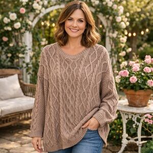 Small Neuflora Wildwood Sweater Taupe Tan Oversized Tunic Cable Knit